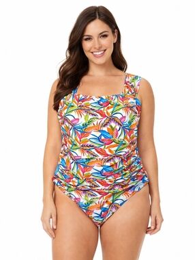 Caribbean Joe Tropical One-Piece Swimsuit Ruched Front 2X